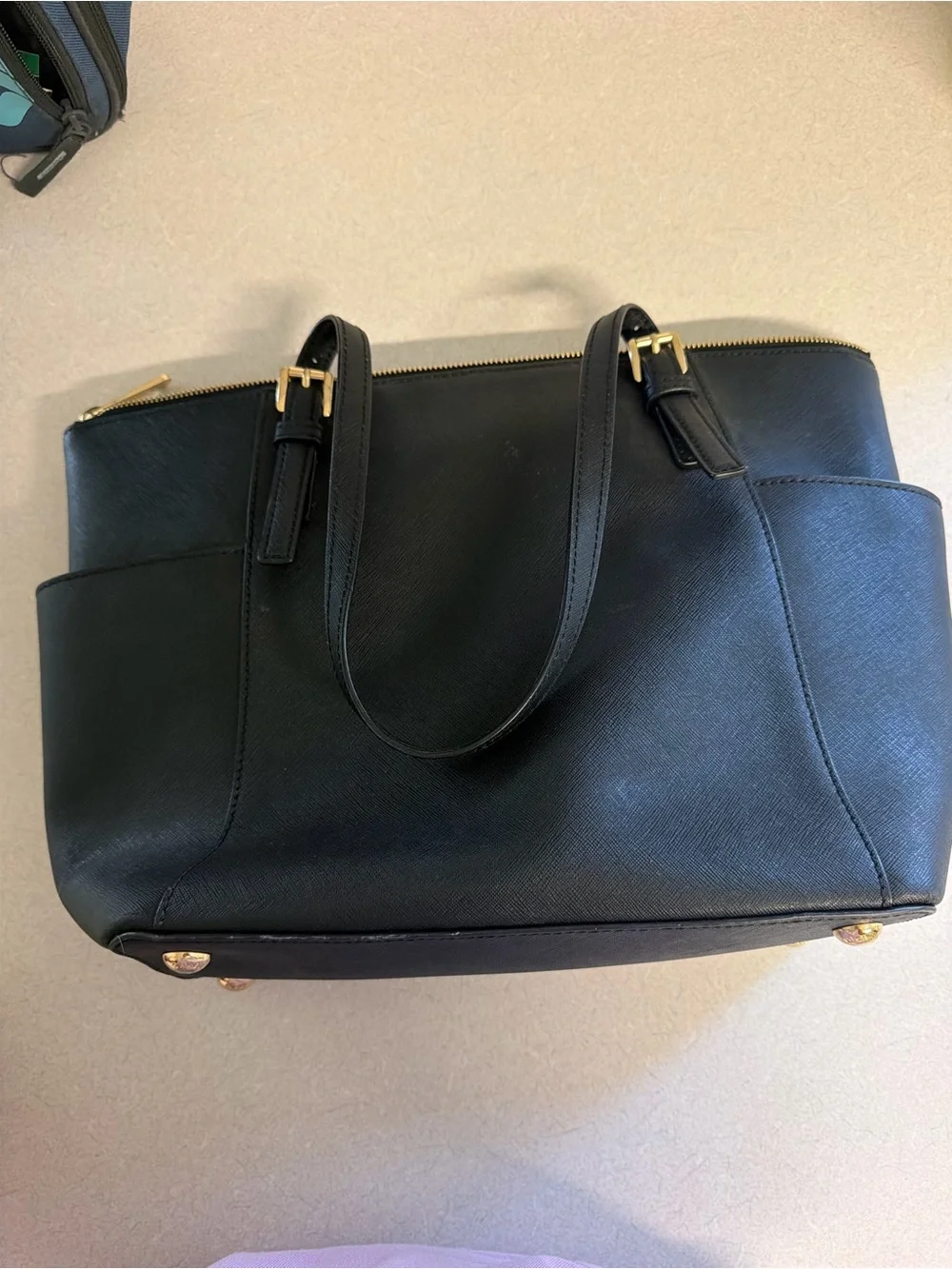 Michael Kors Black Leather Tote with Gold MK Charm